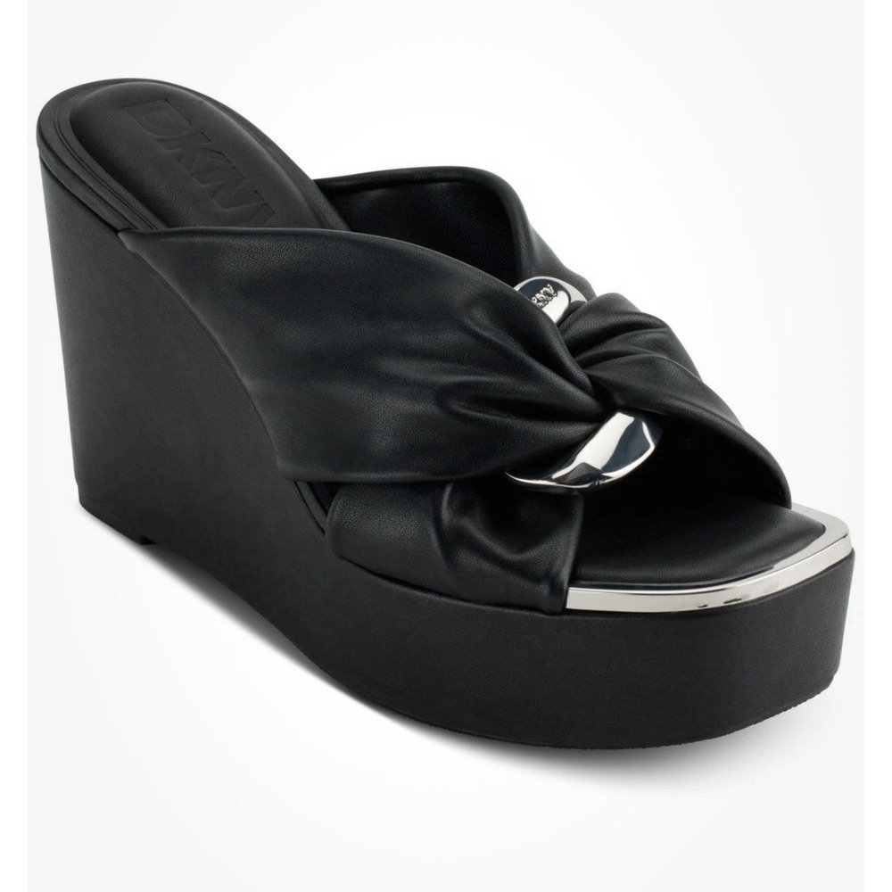 DKNY Size-7.5 M Women's Maryn Chain Twist Platform Wedge Sandals Black